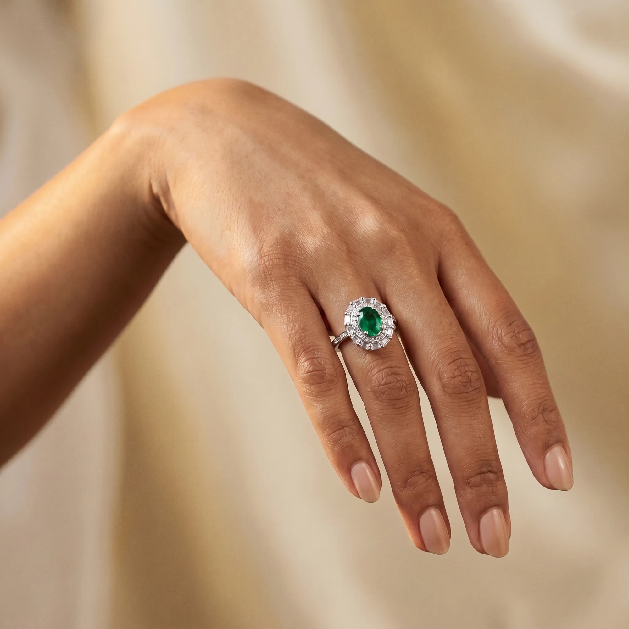 Oval Baguette Halo Ring, view 3 — House of Mina