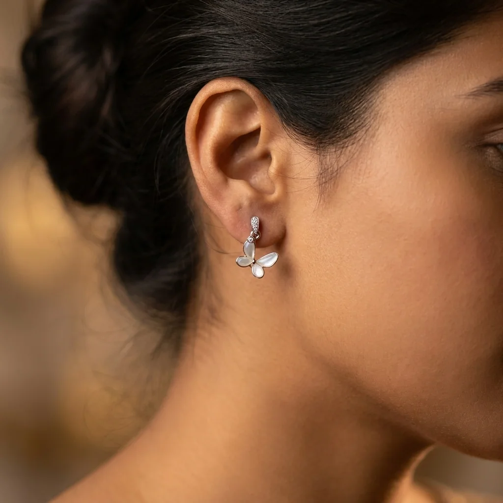 Bianca Butterfly Drop Earrings, view 2 — House of Mina