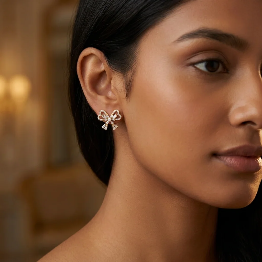 Brigitte Baguette Bow Studs, view 4 — House of Mina