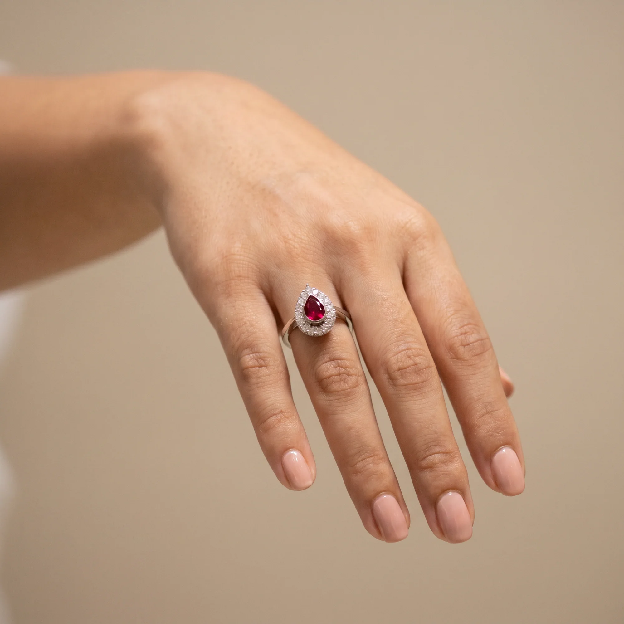 Pear Ruby Halo Ring, view 2 — House of Mina