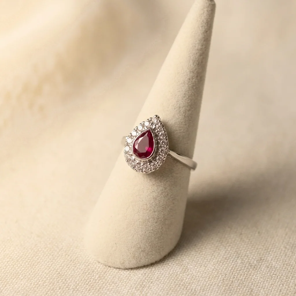 Pear Ruby Halo Ring, view 3 — House of Mina