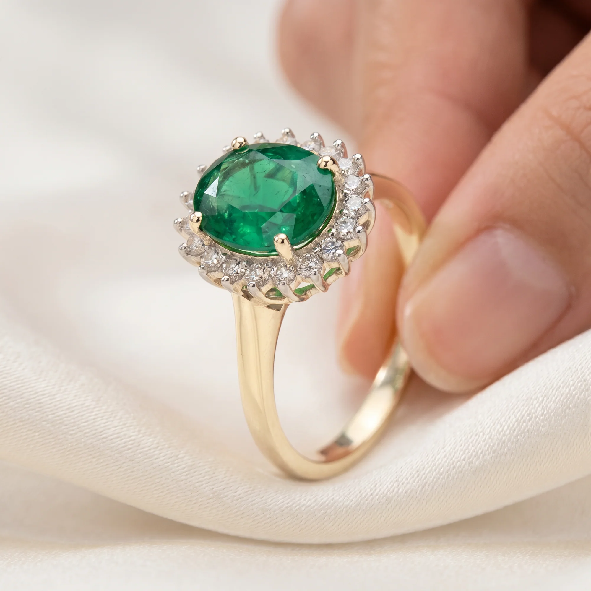 Emerald Double Halo Ring, view 3 — House of Mina