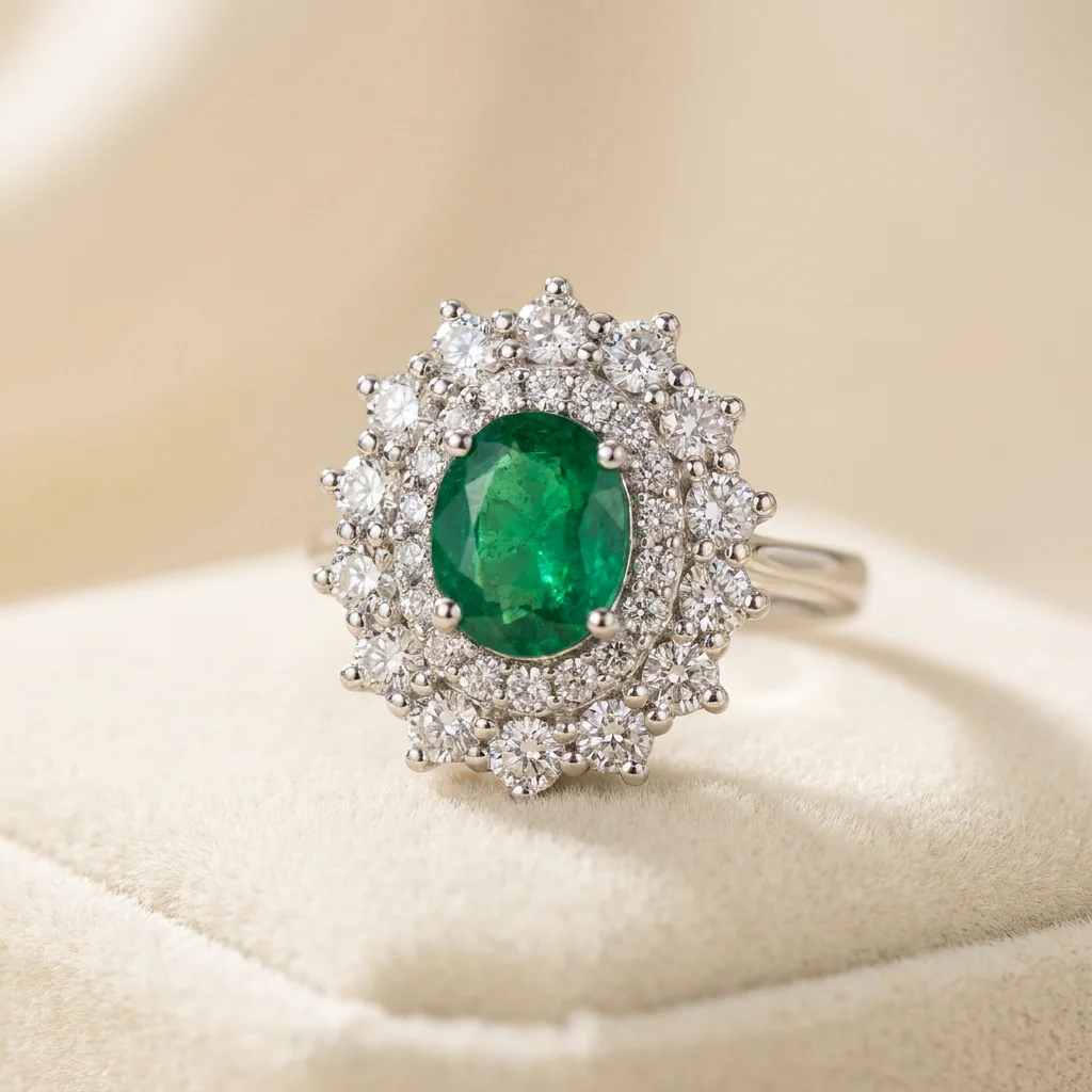 Emerald Double Halo Ring, view 4 — House of Mina
