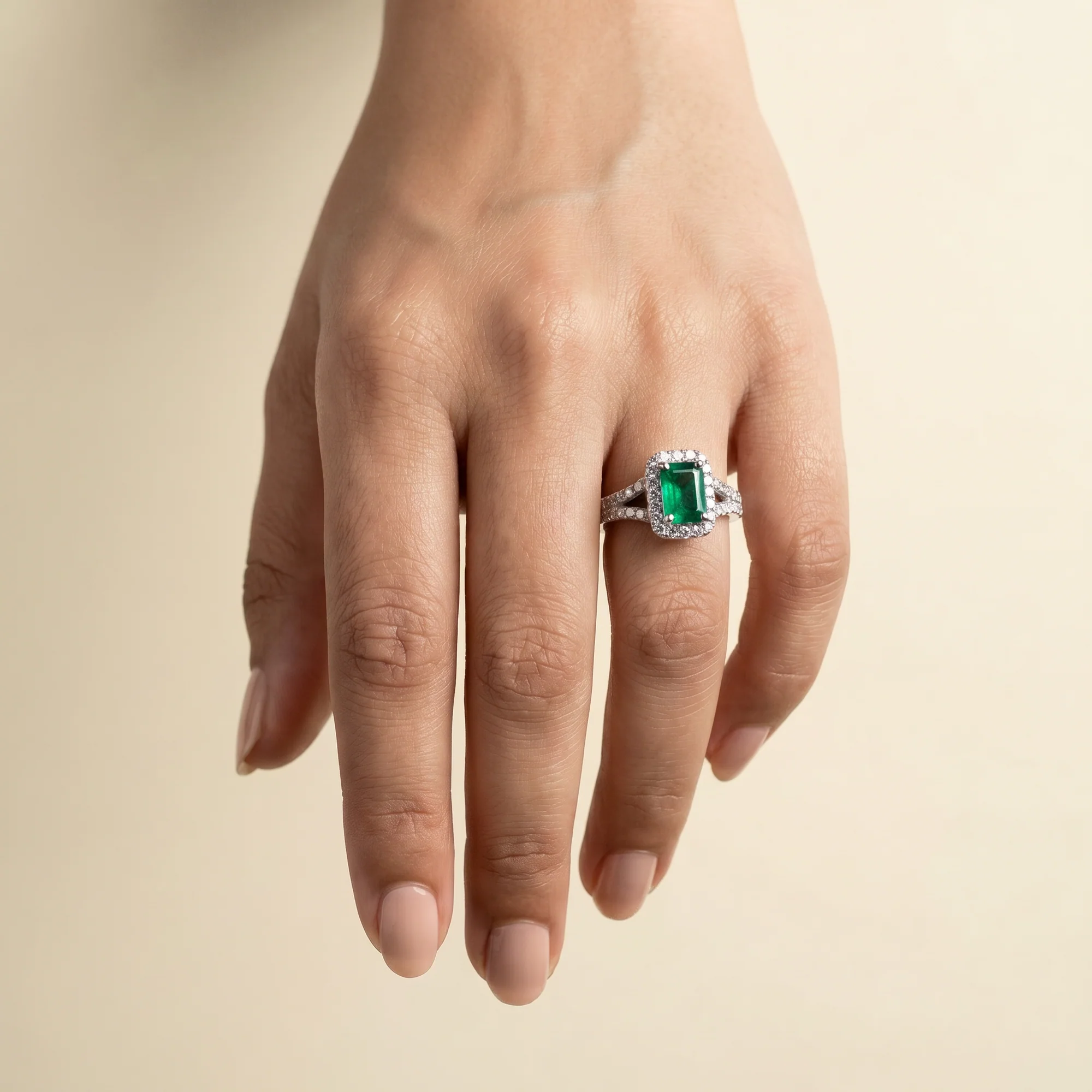 Emerald Split Halo Ring, view 4 — House of Mina