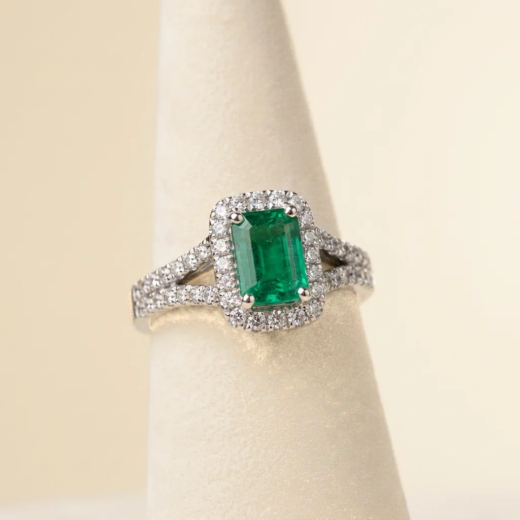 Emerald Split Halo Ring, view 5 — House of Mina