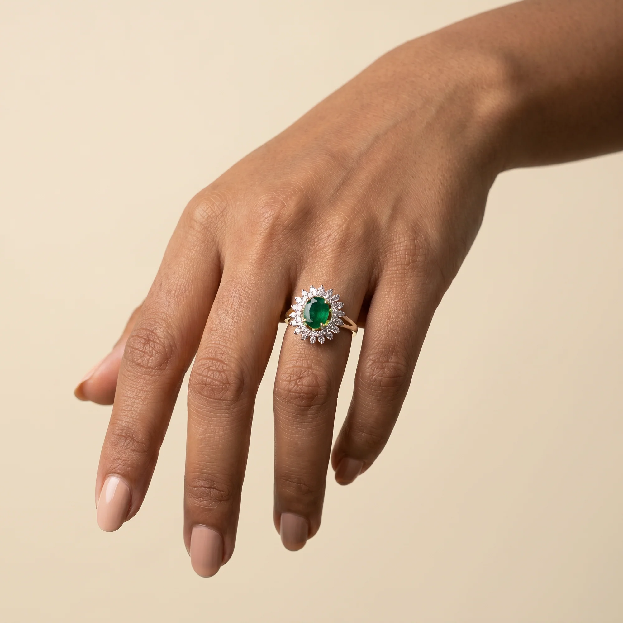 Emerald Sunburst Halo Ring, view 3 — House of Mina