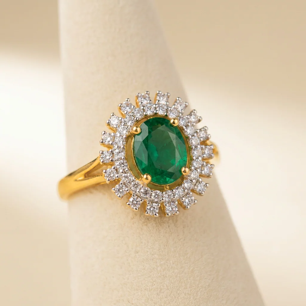Emerald Sunburst Halo Ring, view 4 — House of Mina