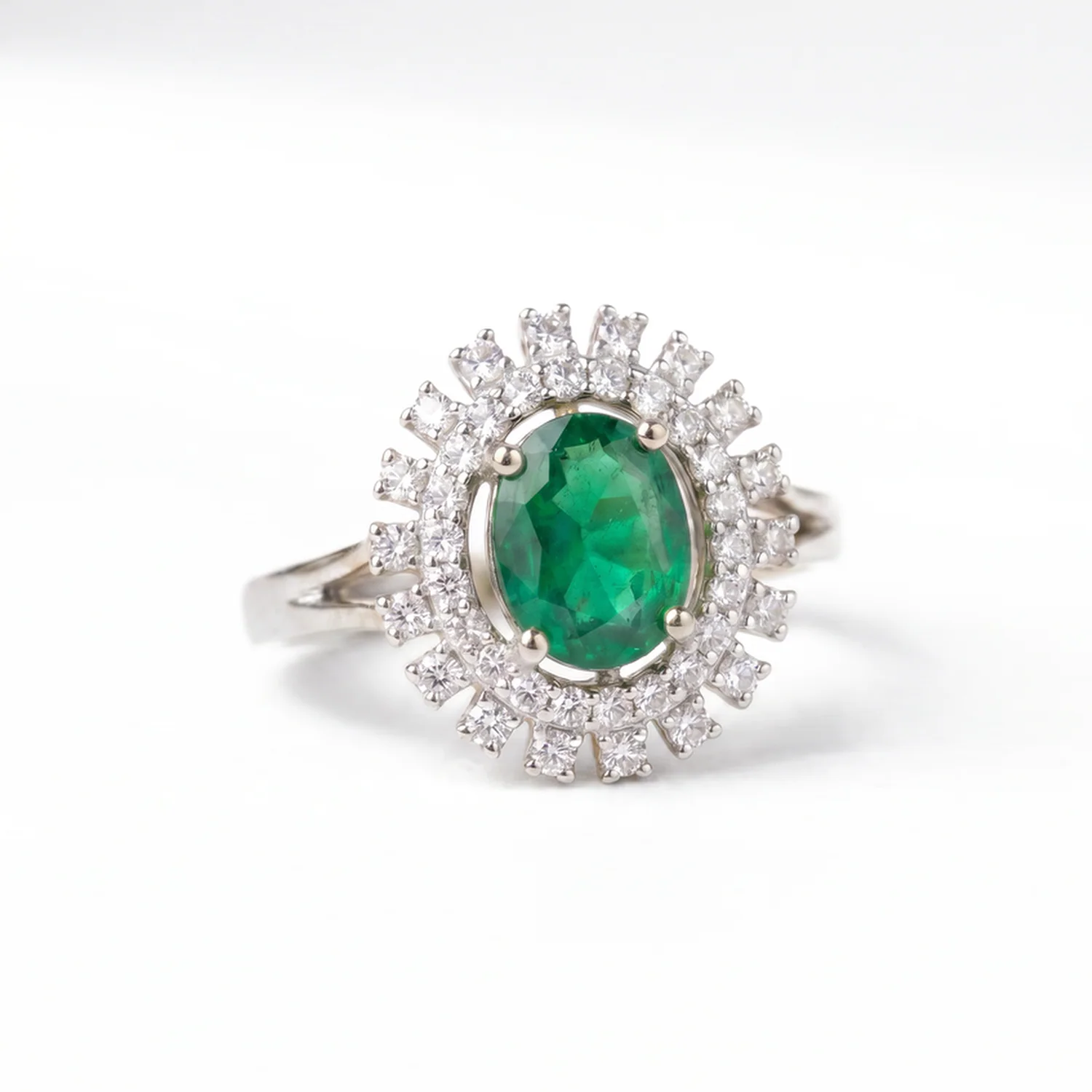 Emerald Sunburst Halo Ring