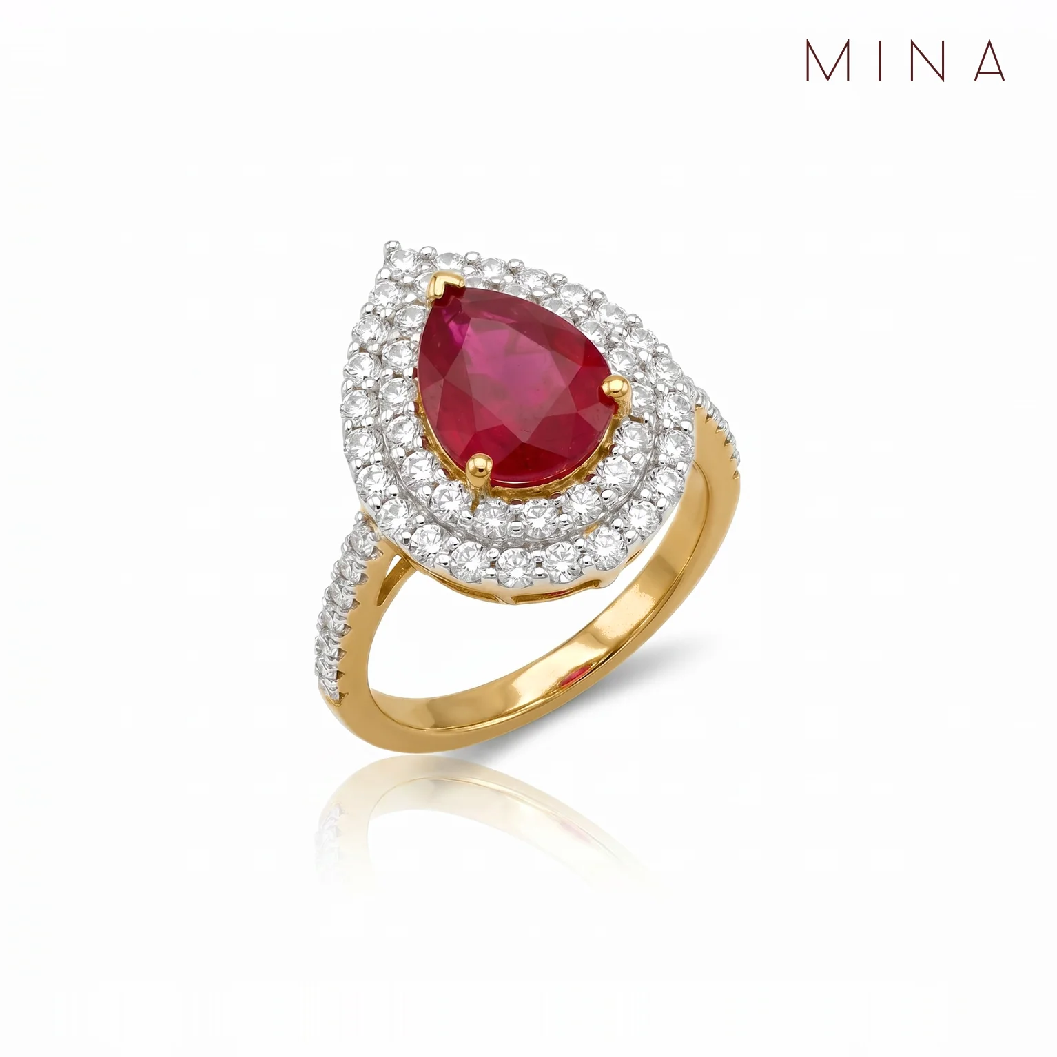 Ruby Double Halo Ring, view 1 — House of Mina