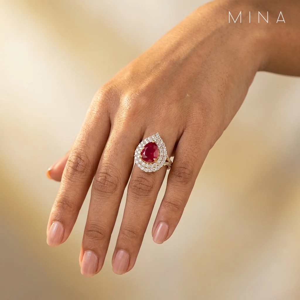 Ruby Double Halo Ring, view 2 — House of Mina