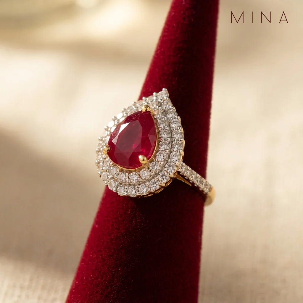 Ruby Double Halo Ring, view 3 — House of Mina