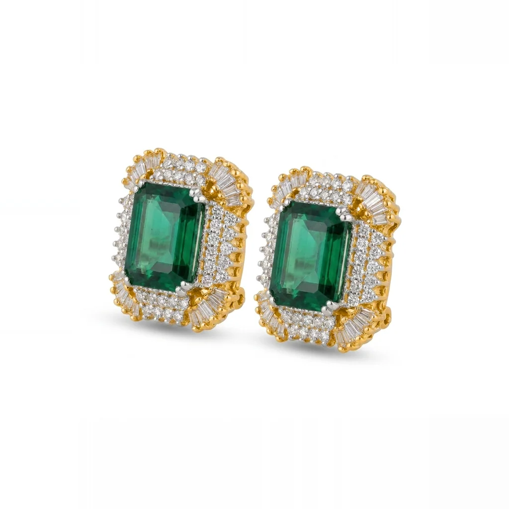 Emerald Baguette Halo Studs, view 1 — House of Mina