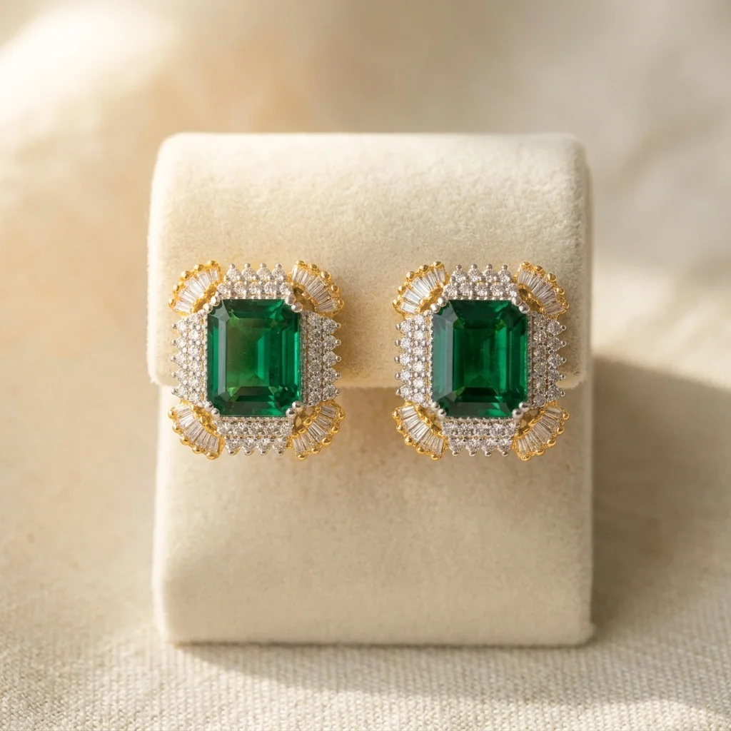 Emerald Baguette Halo Studs, view 2 — House of Mina