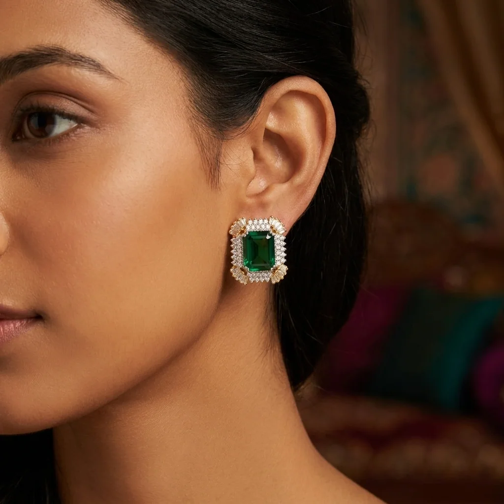 Emerald Baguette Halo Studs, view 3 — House of Mina