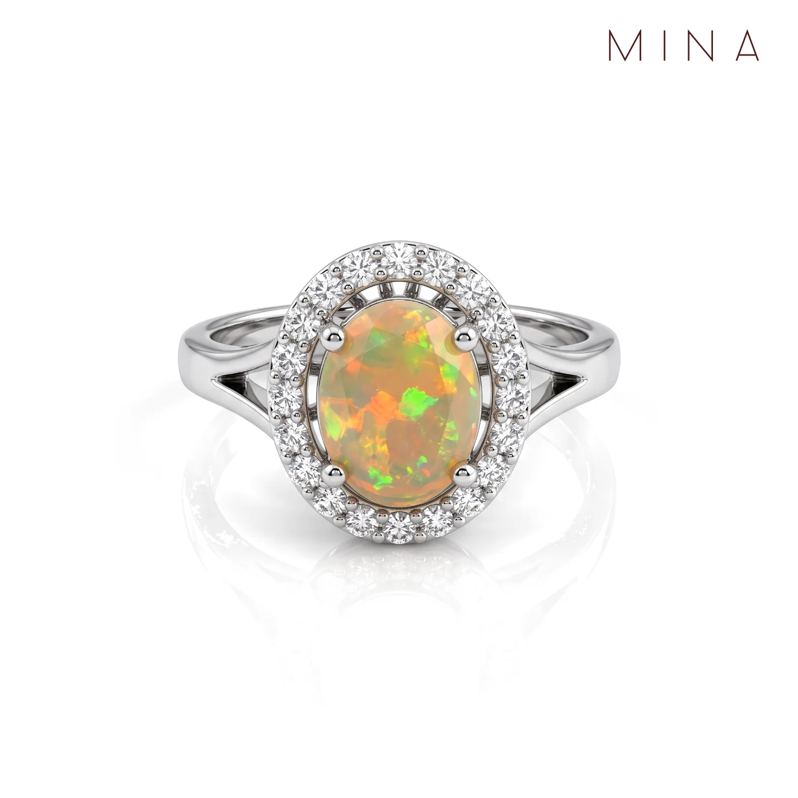 Fire Opal Pavé Halo Ring, view 1 — House of Mina