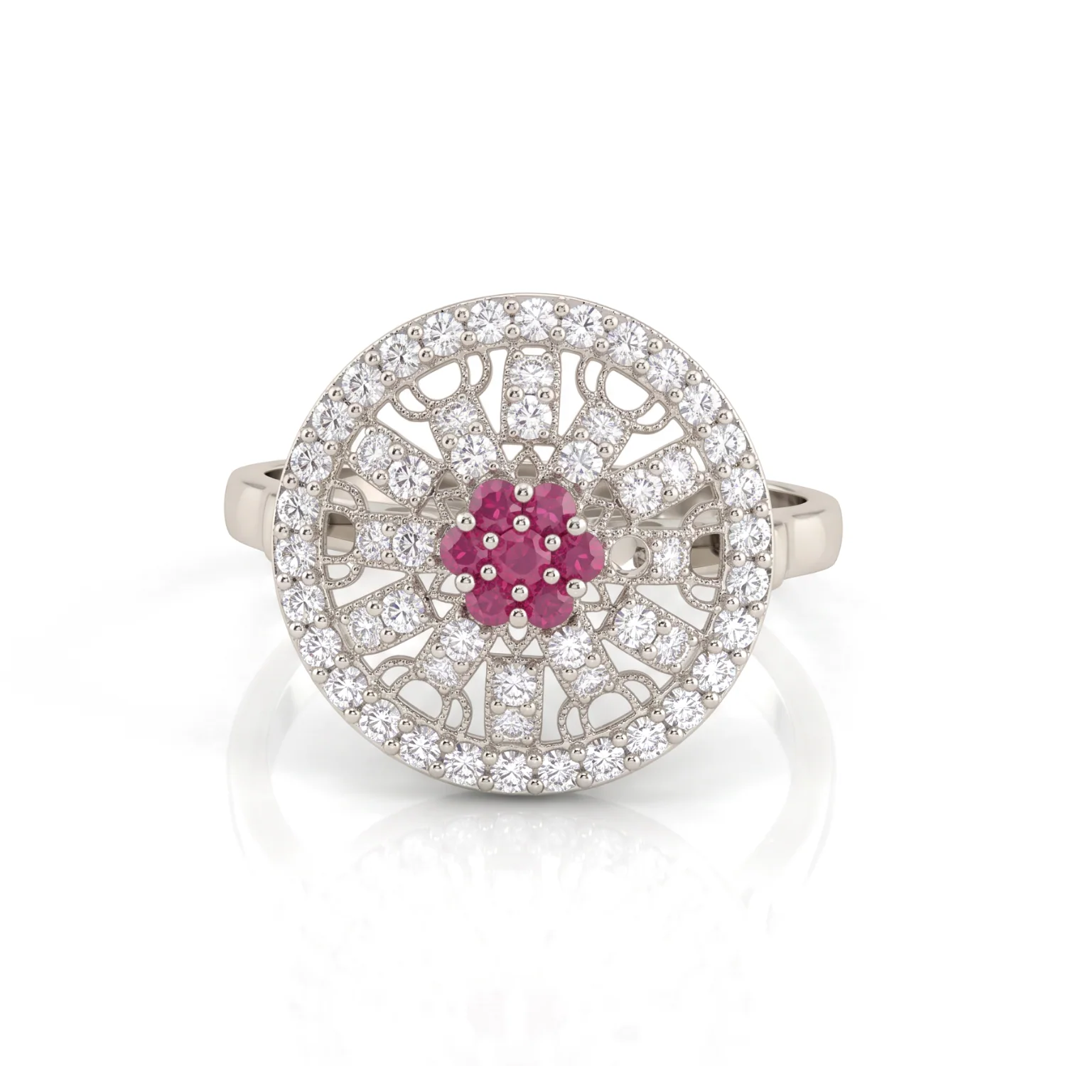 Ruby Rosette Medallion Ring, view 1 — House of Mina