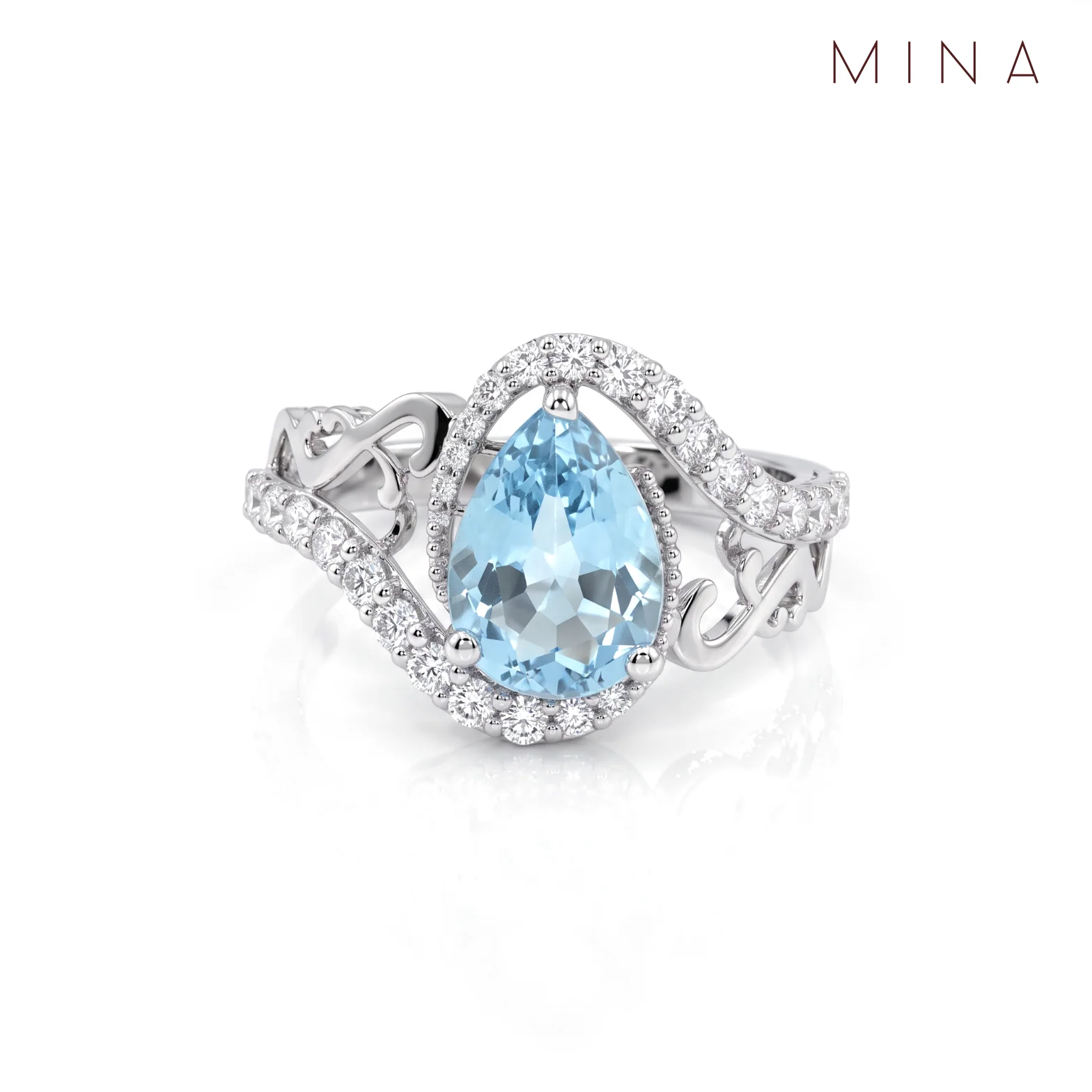 Aqua Pear Filigree Halo Ring, view 1 — House of Mina