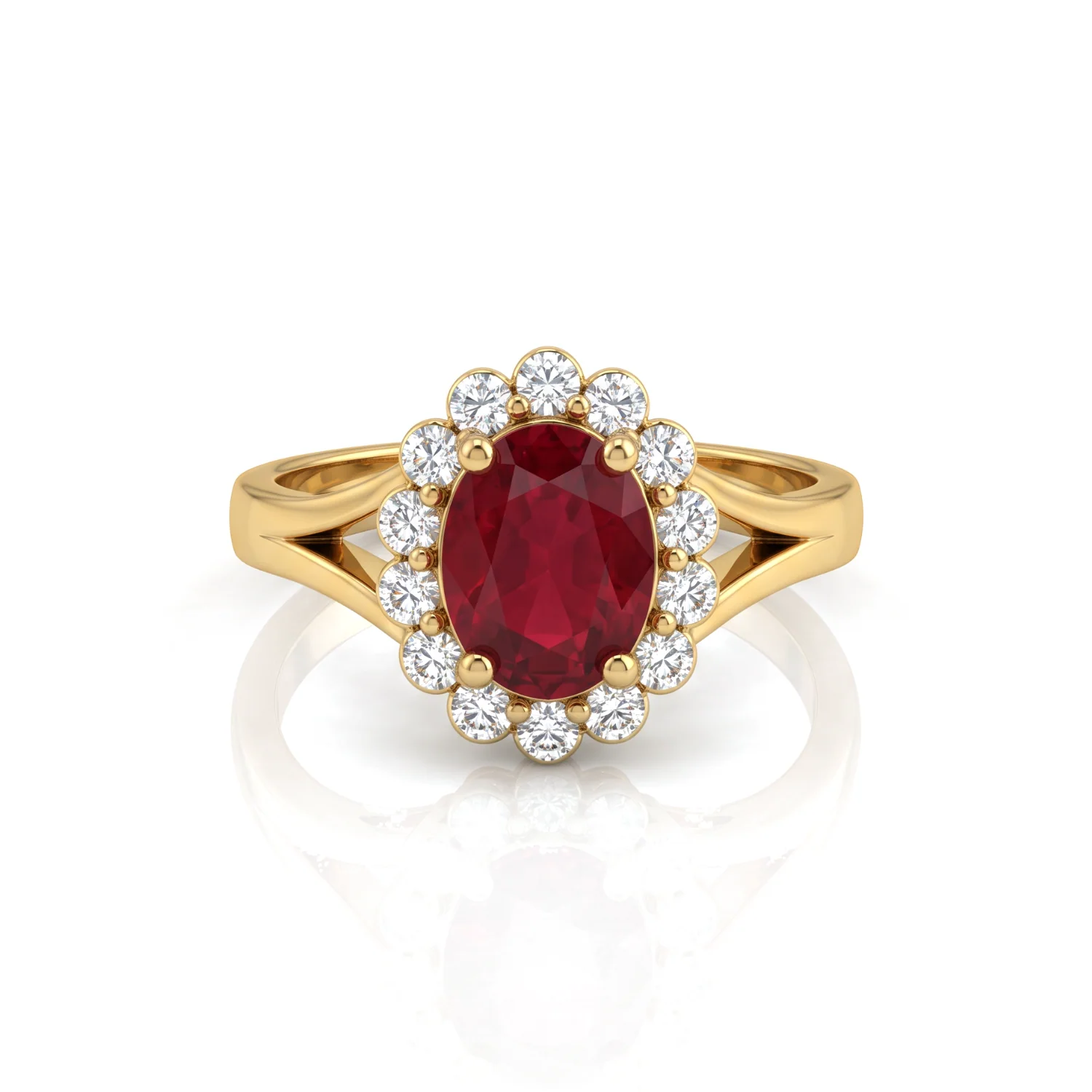 Oval Ruby Halo Ring, view 1 — House of Mina