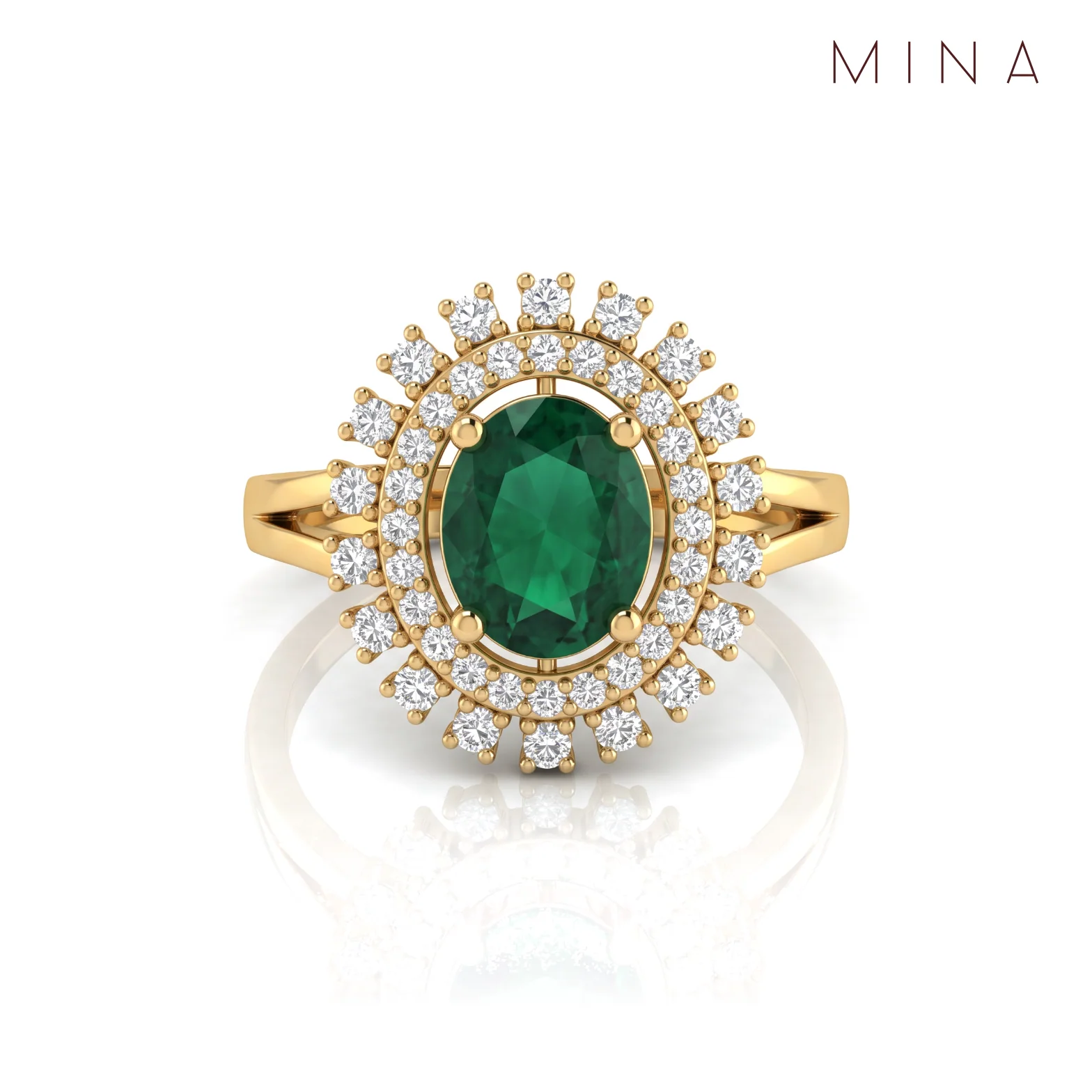 Emerald Sunburst Halo Ring, view 1 — House of Mina