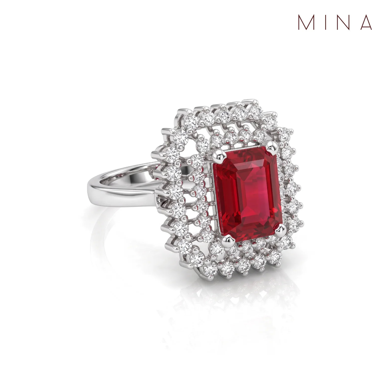 Ruby Emerald-Cut Double Halo Ring, view 1 — House of Mina