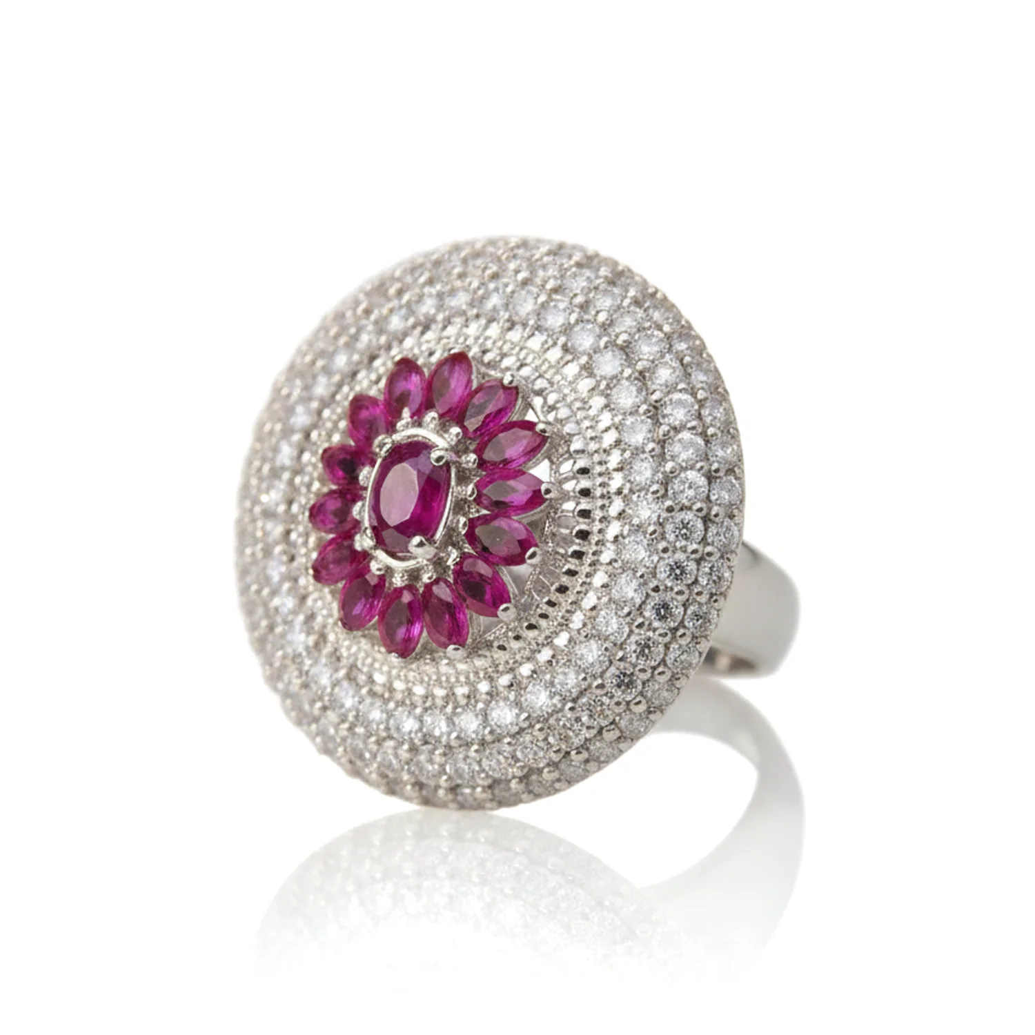 Ruby Flower Dome Ring, view 1 — House of Mina