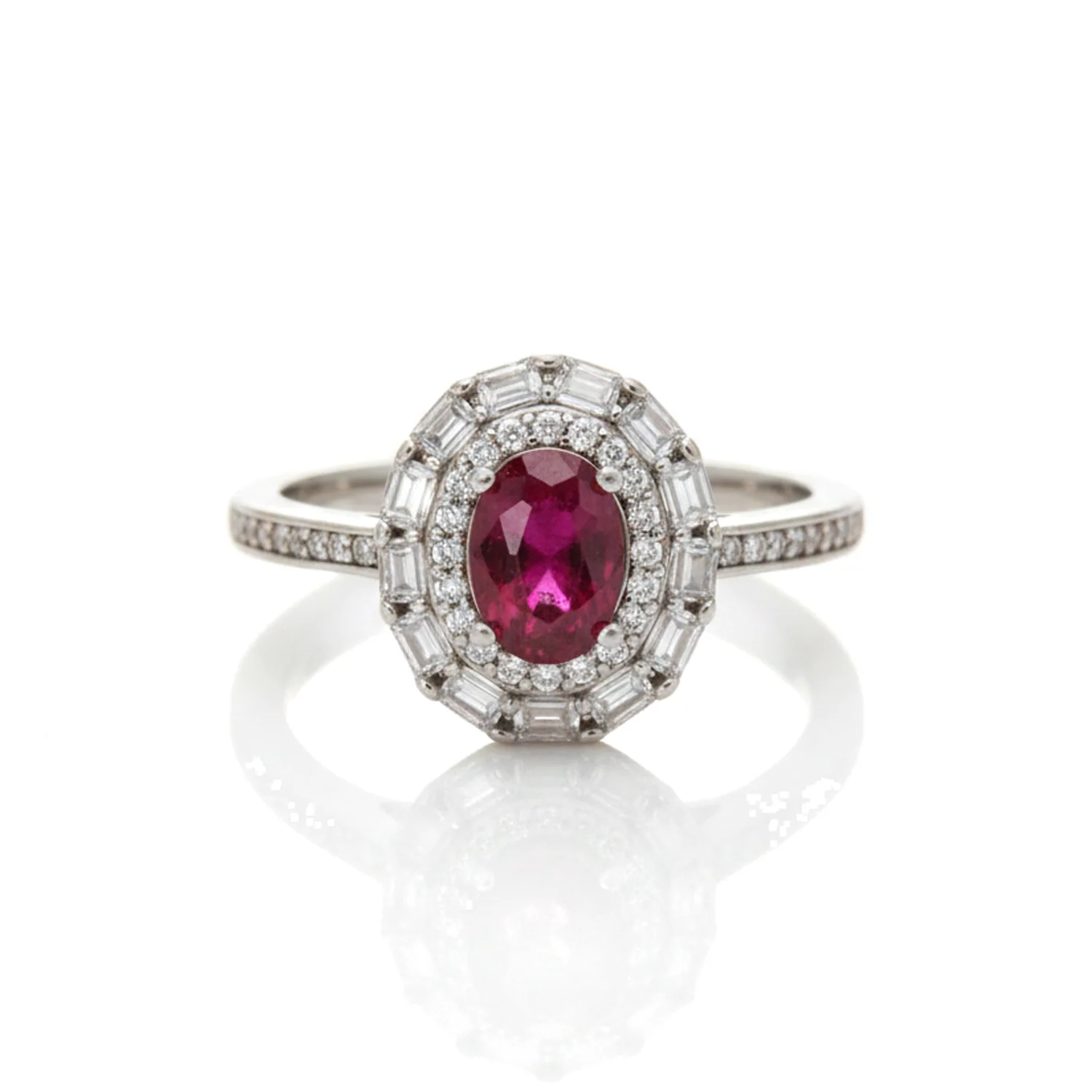 Ruby Baguette Halo Ring, view 1 — House of Mina