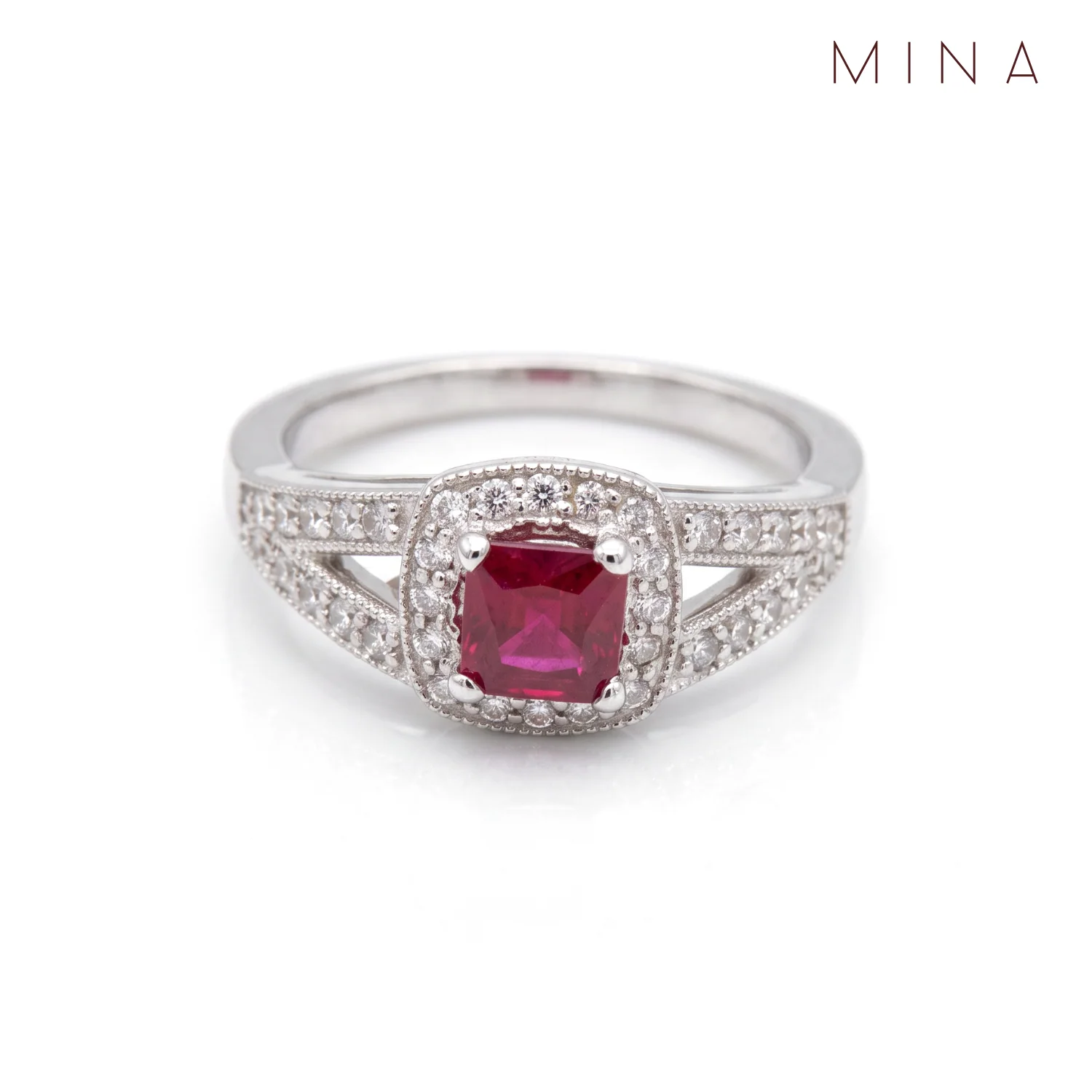 Ruby Cushion Halo Band, view 1 — House of Mina