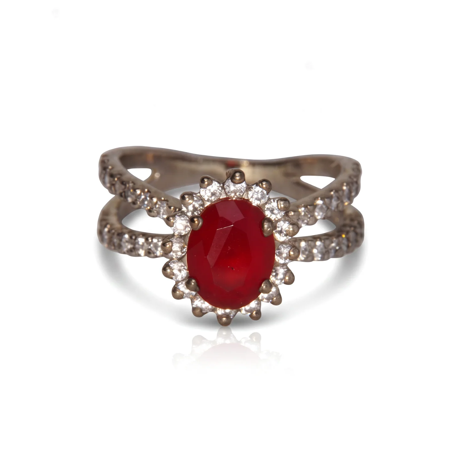 Ruby Halo Split-Band Ring, view 1 — House of Mina