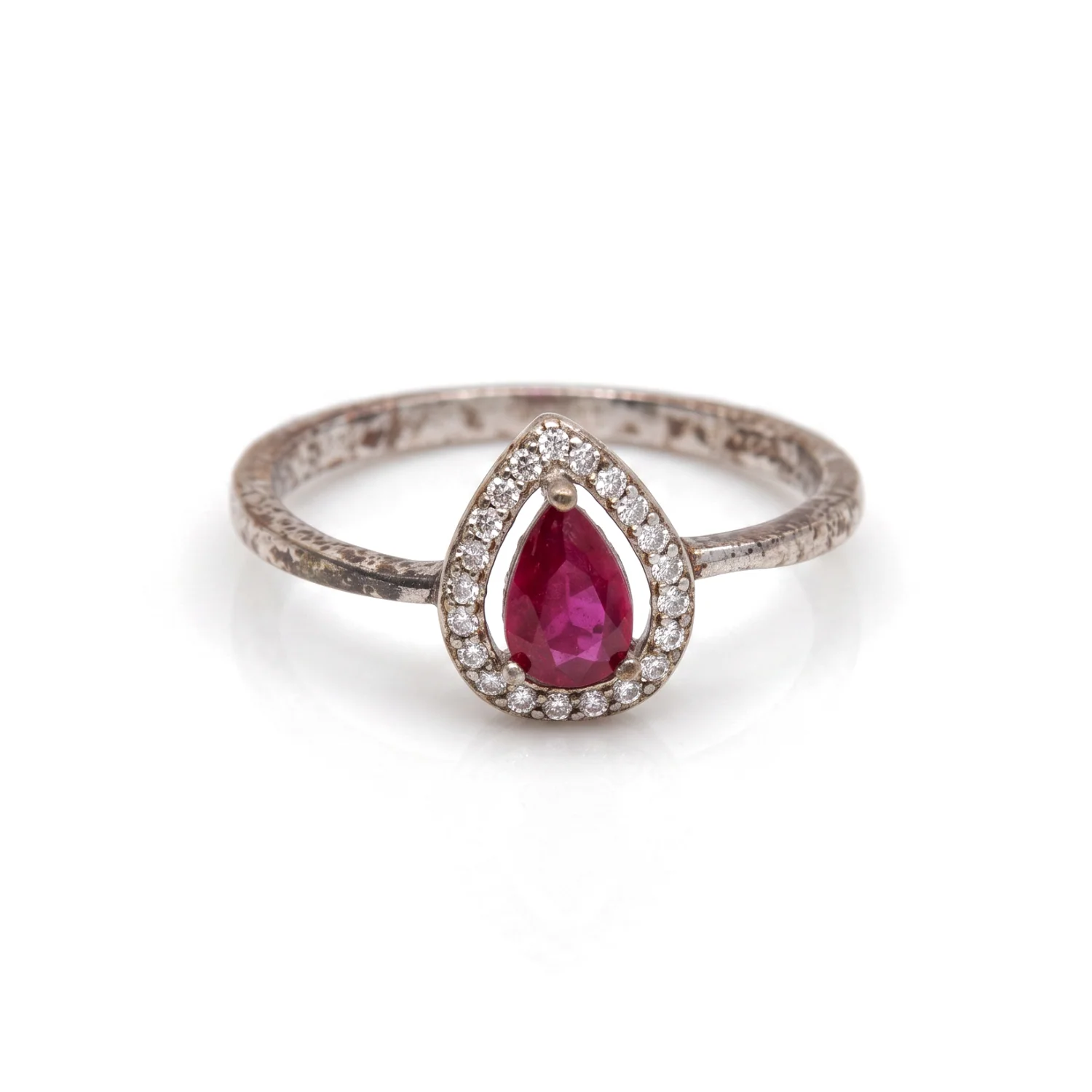 Ruby Pear Halo Ring, view 1 — House of Mina