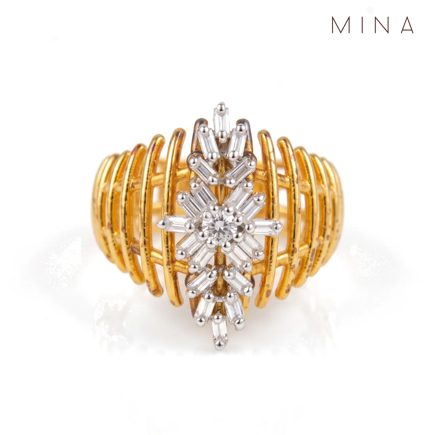 Gold Baguette Cage Ring, view 1 — House of Mina