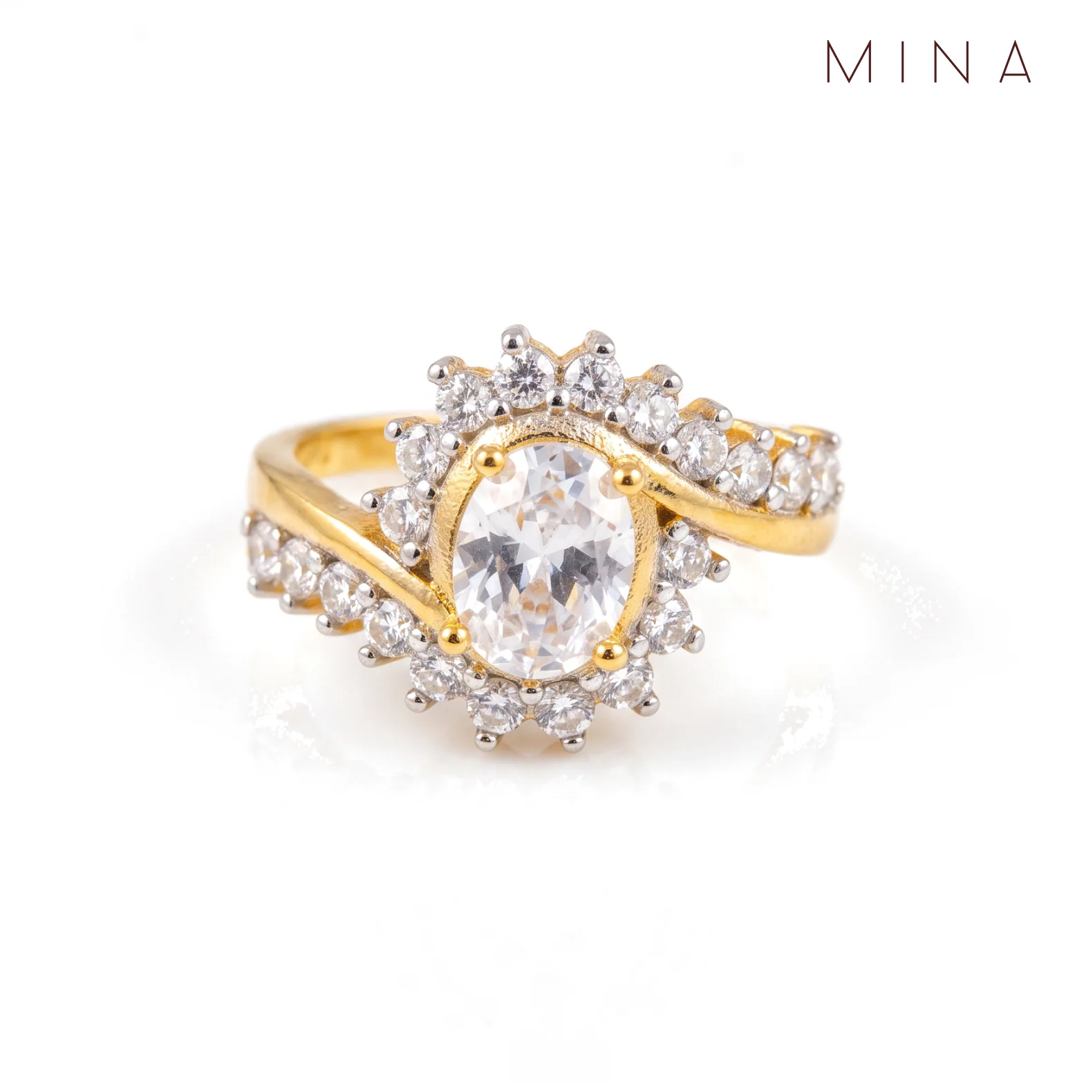 Gold Oval Bypass Halo Ring, view 1 — House of Mina
