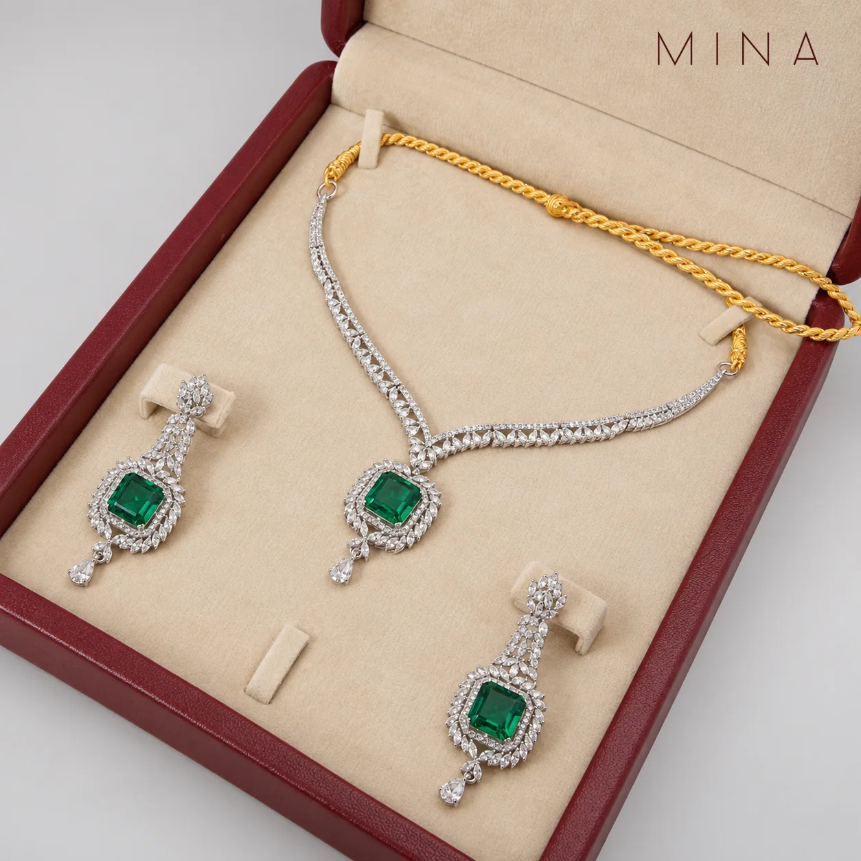 Emerald Marquise Halo Set, view 1 — House of Mina