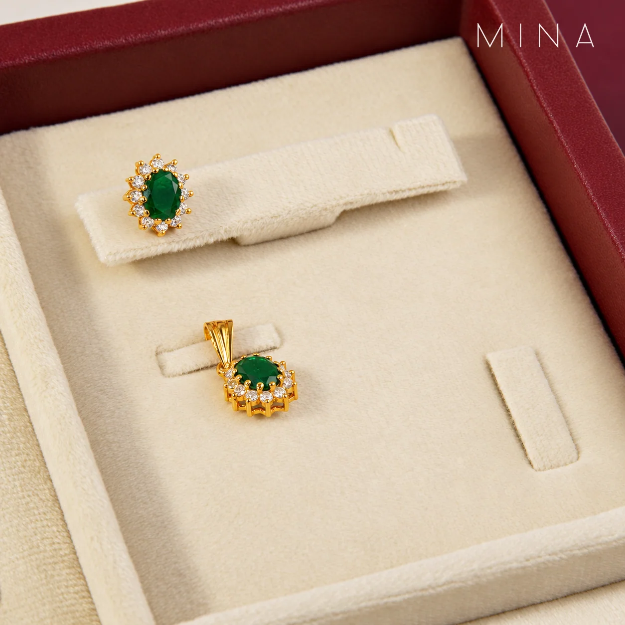 Emerald Oval Halo Locket Set, view 1 — House of Mina