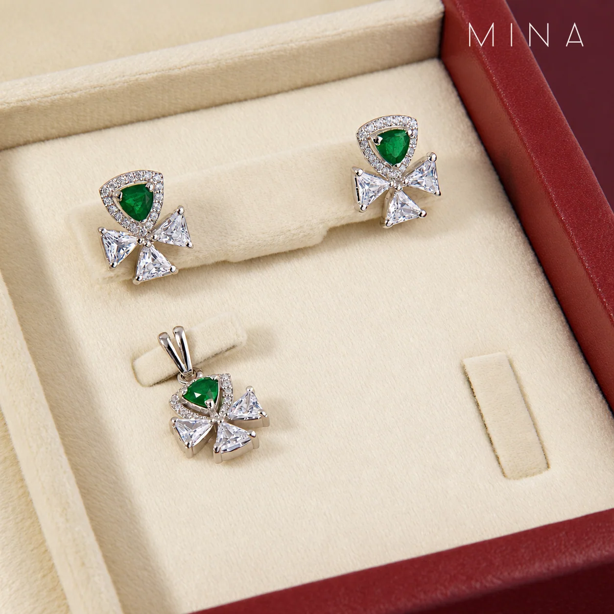 Emerald Trillion Clover Locket Set, view 1 — House of Mina