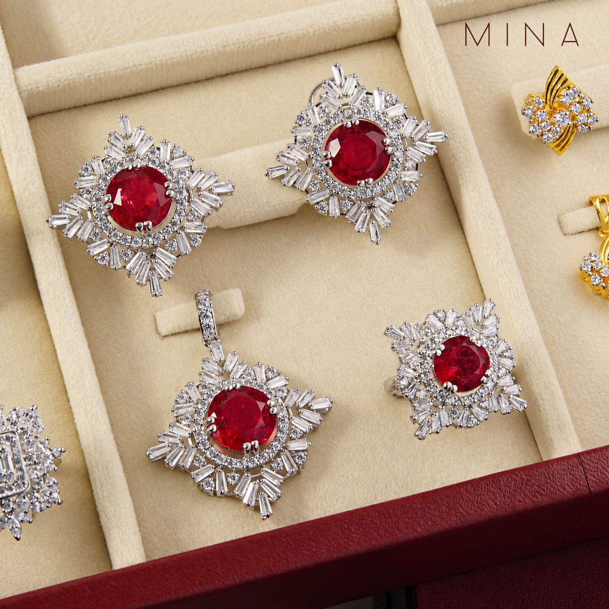 Ruby Baguette Starburst Locket Set, view 1 — House of Mina