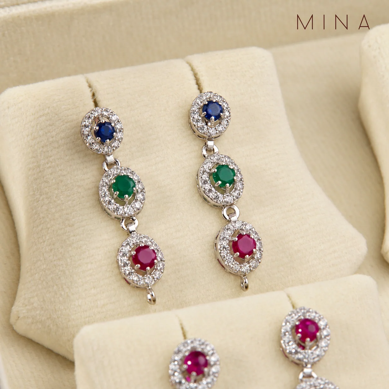 Tricolour Halo Drop Earrings, view 1 — House of Mina