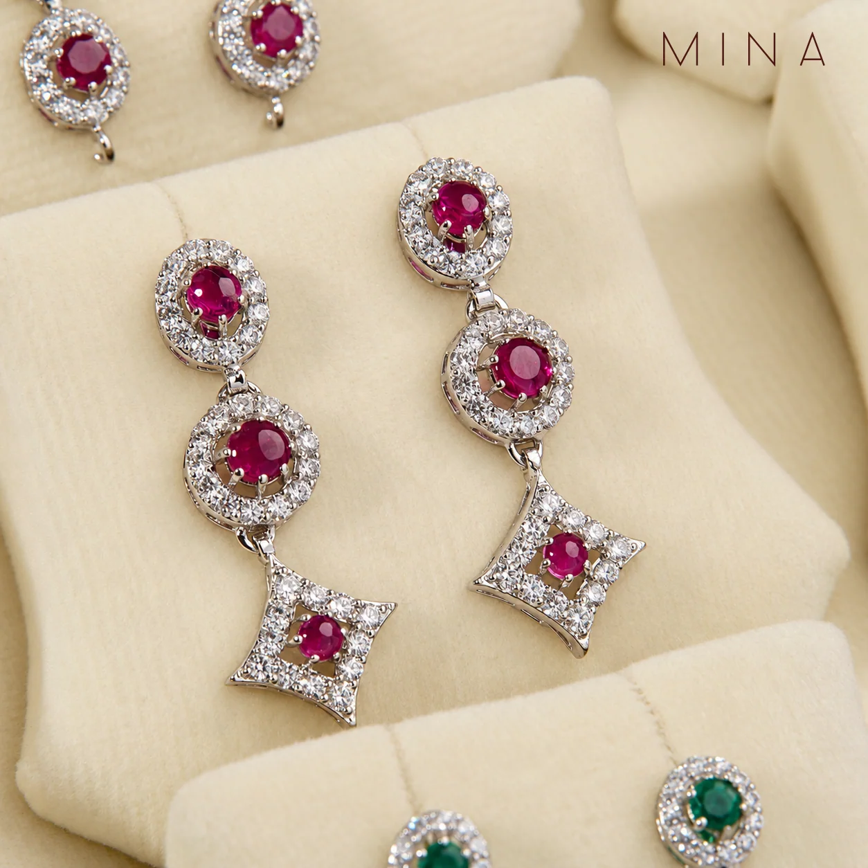 Ruby Halo Kite Drop Earrings, view 1 — House of Mina