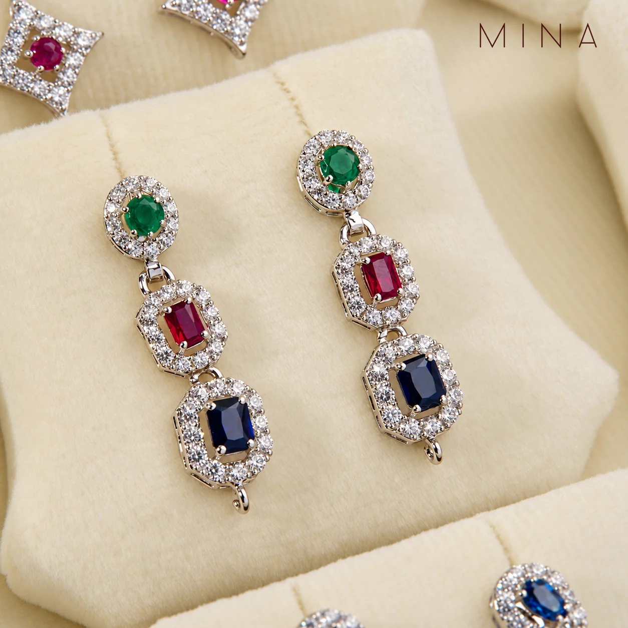 Gemstone Octagon Drop Earrings, view 1 — House of Mina