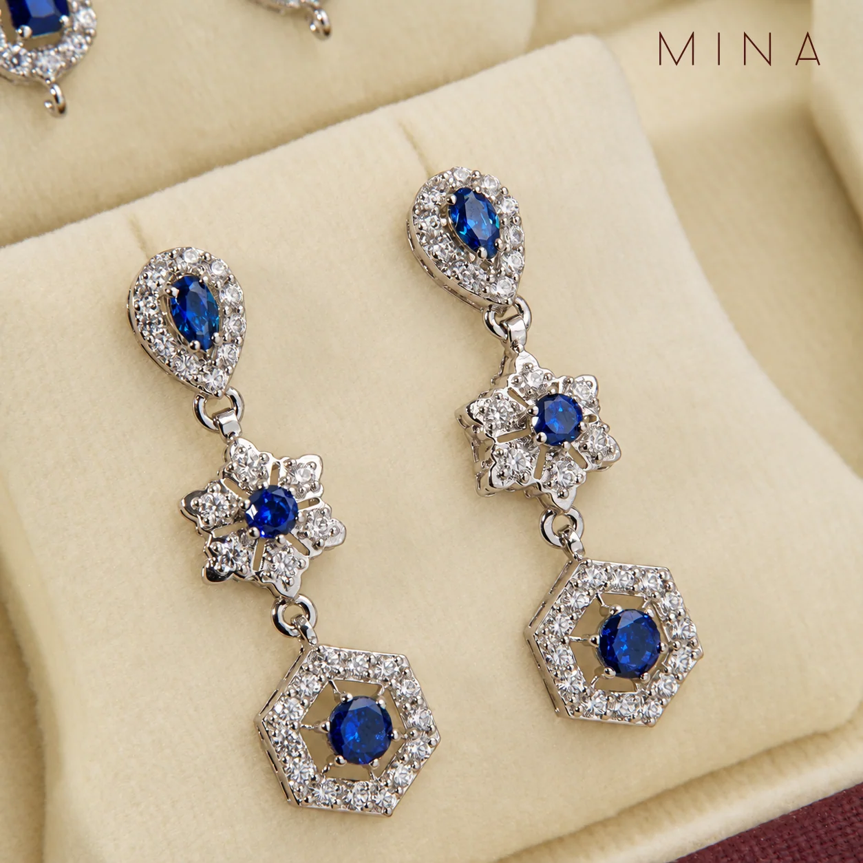 Sapphire Star Hexagon Drop Earrings, view 1 — House of Mina