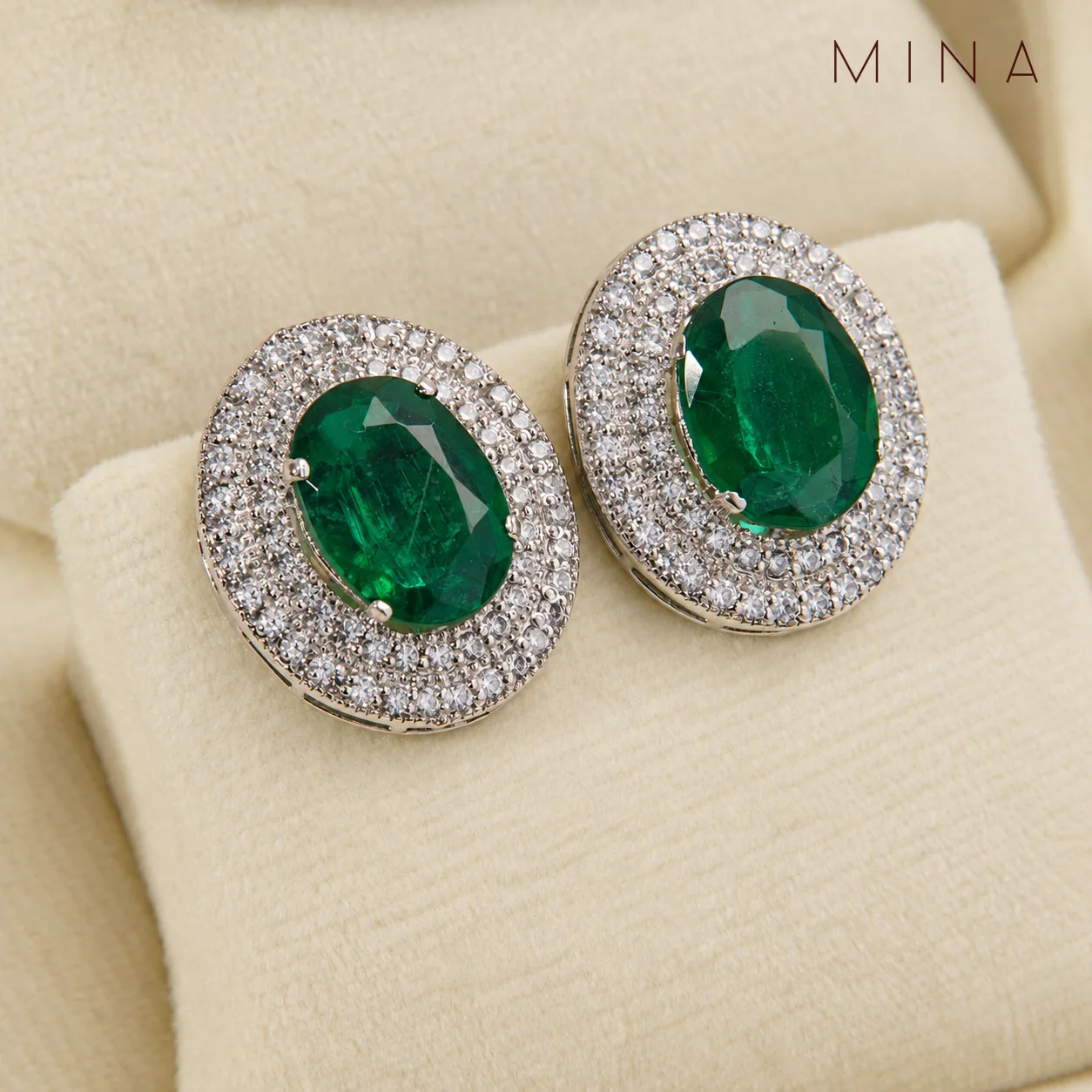 Emerald Oval Double-Halo Studs, view 1 — House of Mina