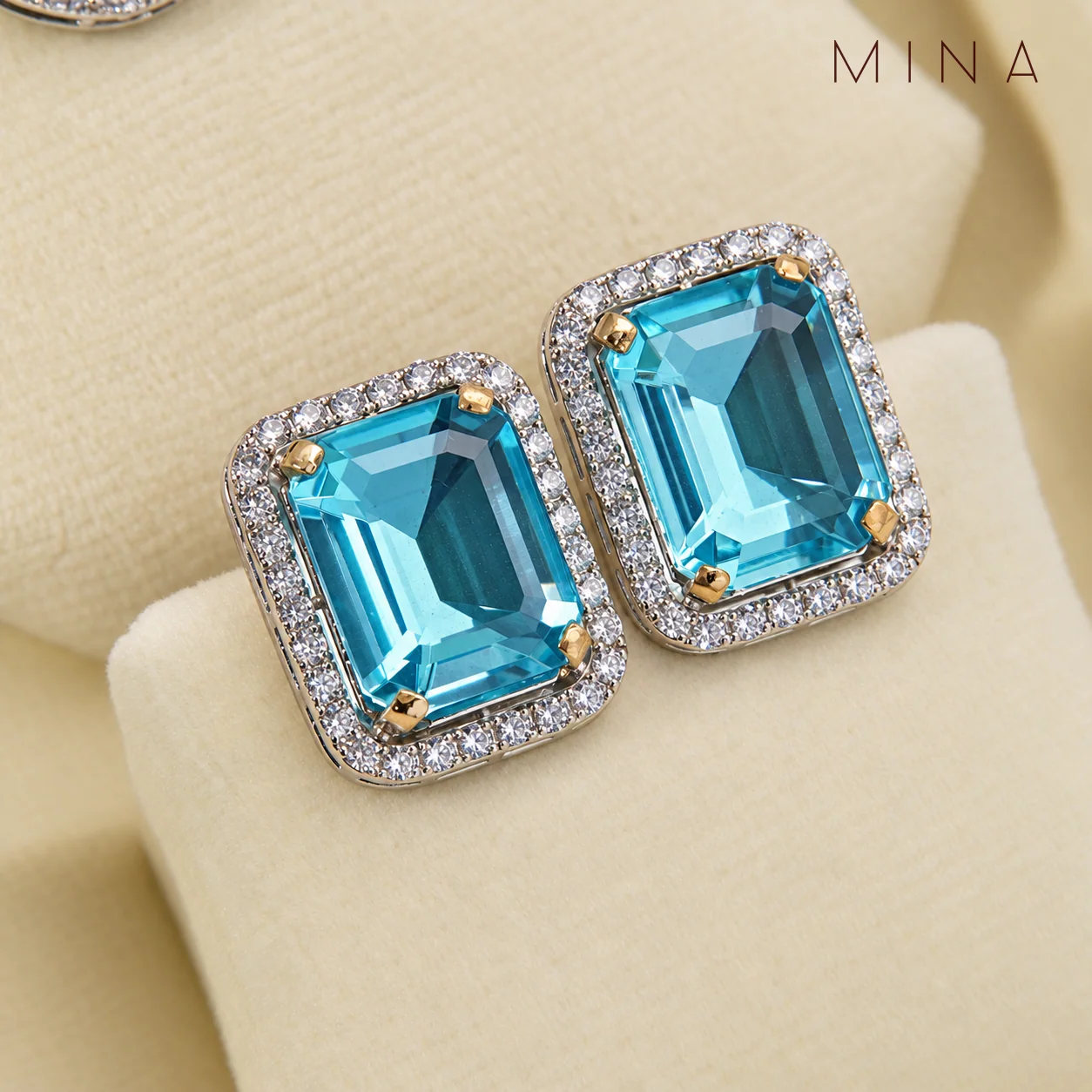 Aqua Emerald-Cut Halo Studs, view 1 — House of Mina