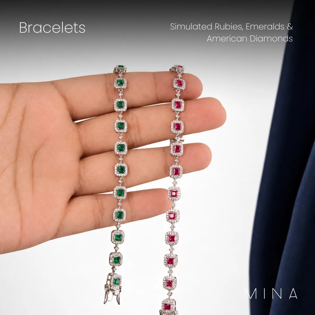 Emerald & Ruby Square Halo Bracelets, view 1 — House of Mina