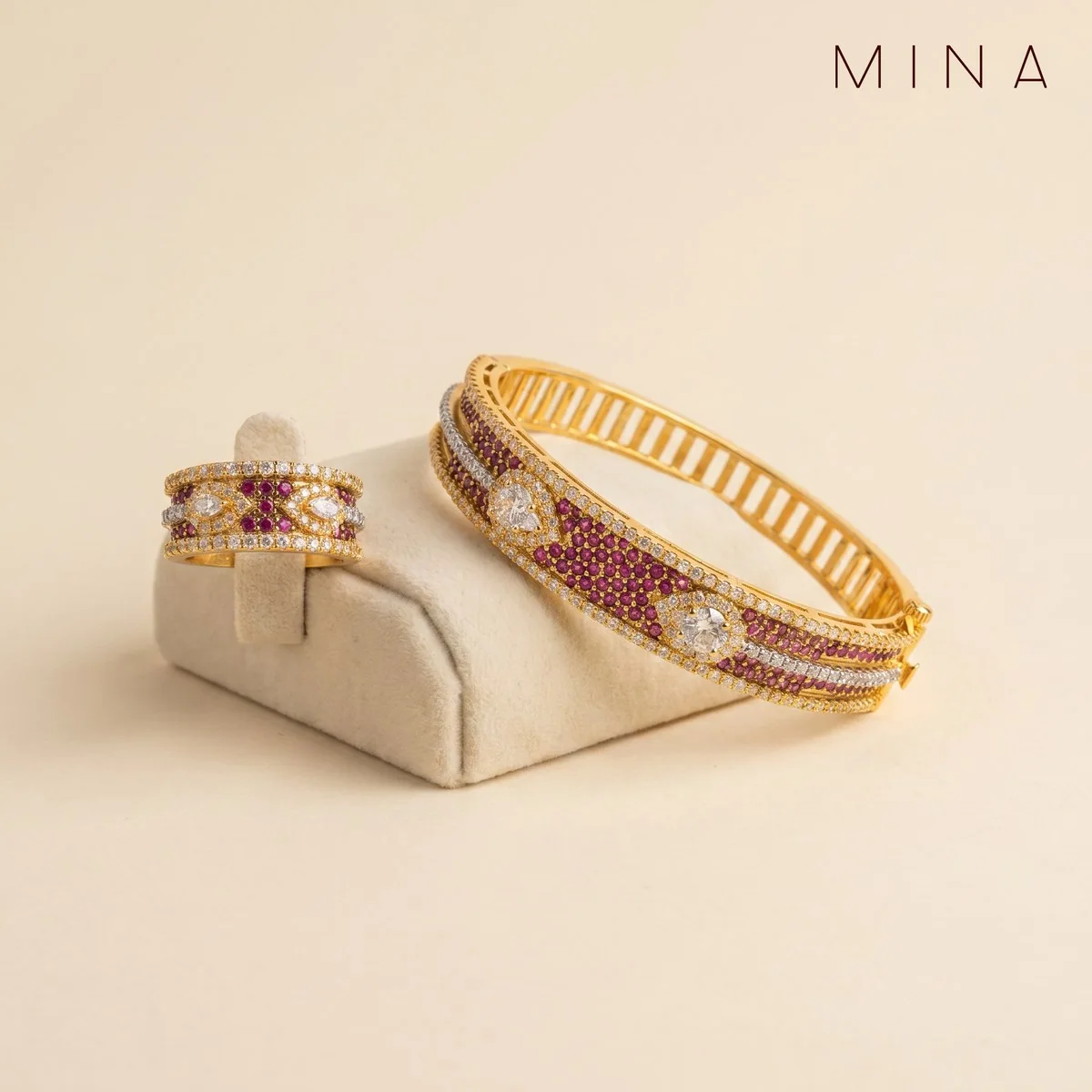 Ruby Honeycomb Bangle & Ring, view 1 — House of Mina