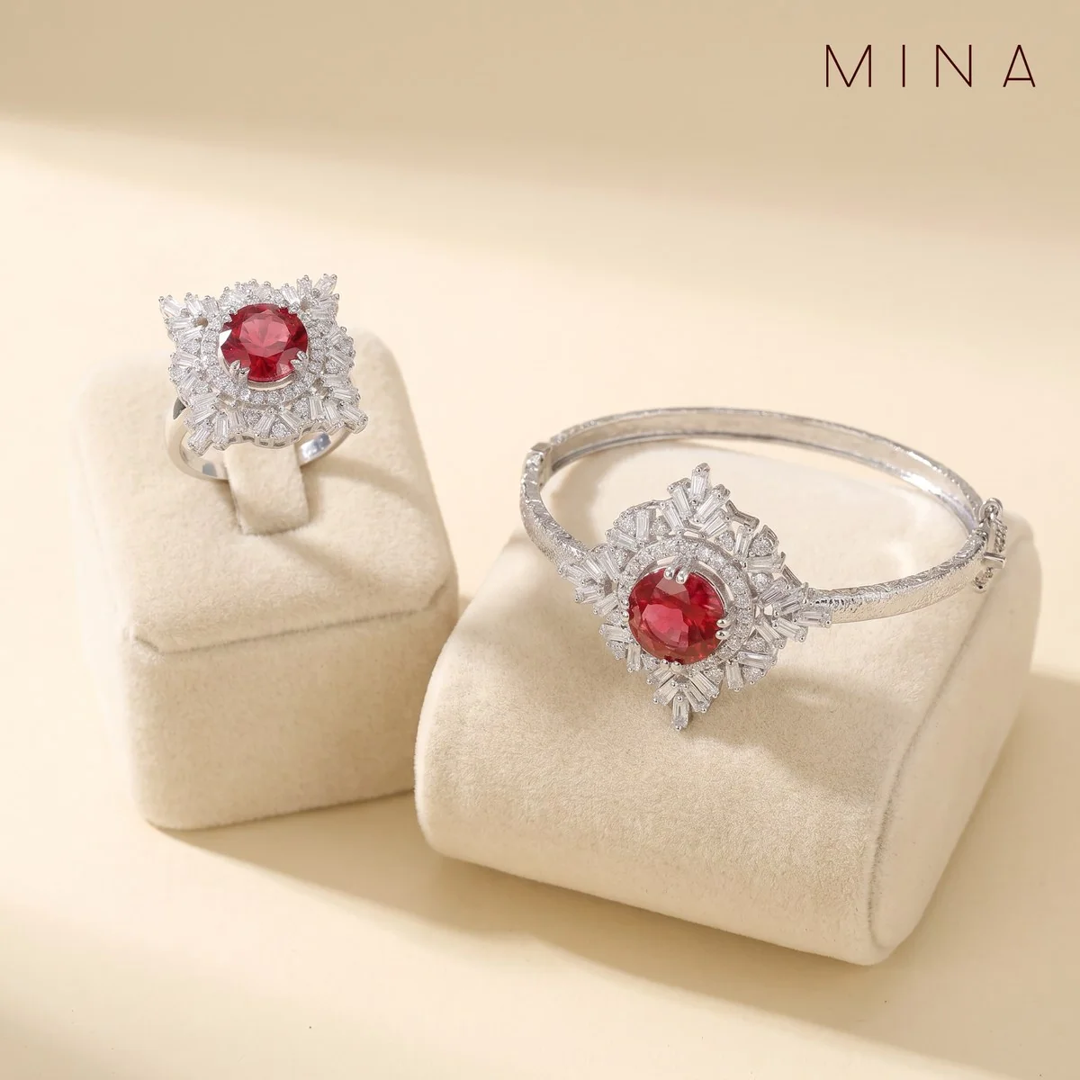Ruby Halo Bangle & Ring, view 1 — House of Mina