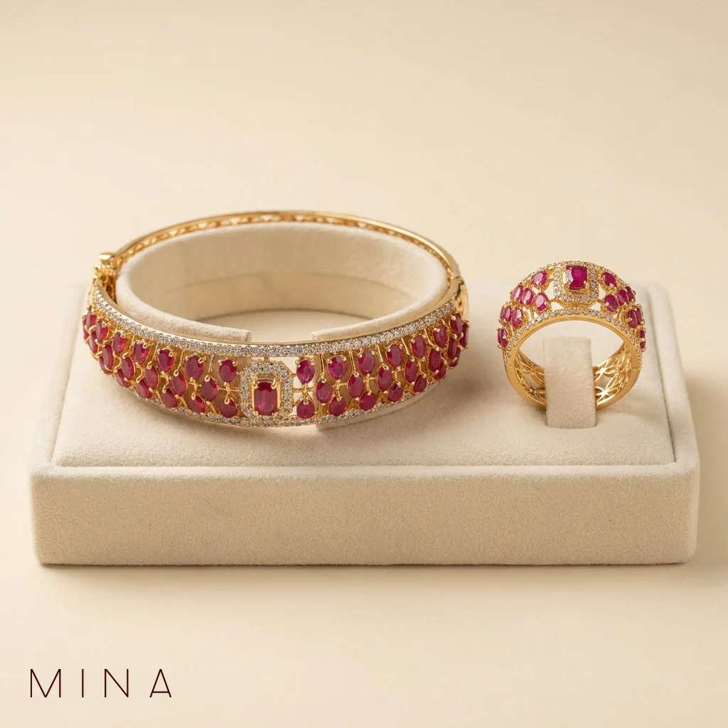 Pavé Ruby Band Bangle & Ring, view 1 — House of Mina
