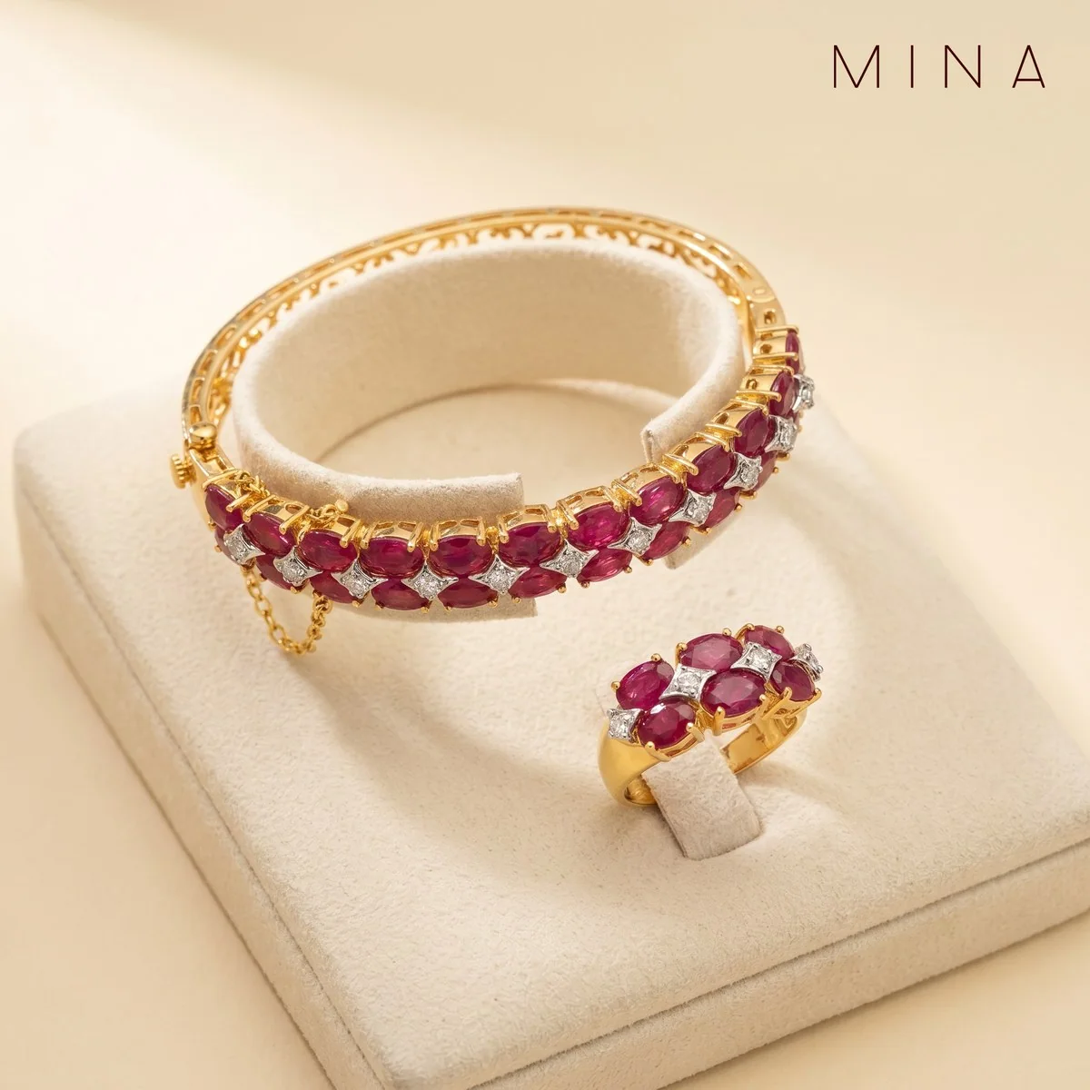 Oval Ruby Bangle & Ring, view 1 — House of Mina