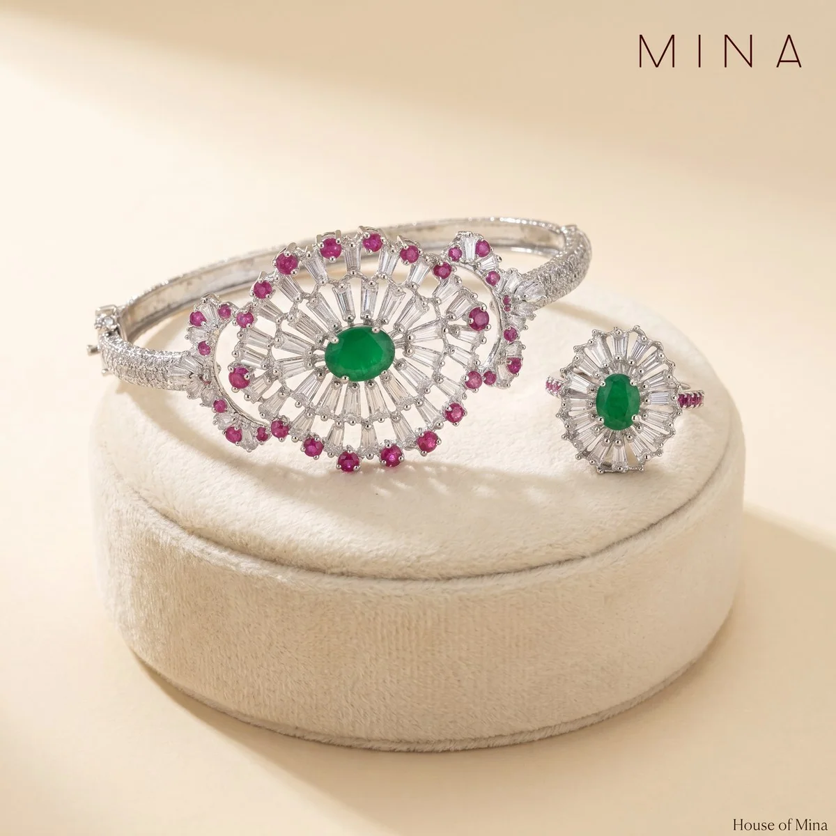 Ruby Cluster Emerald Bangle & Ring, view 1 — House of Mina