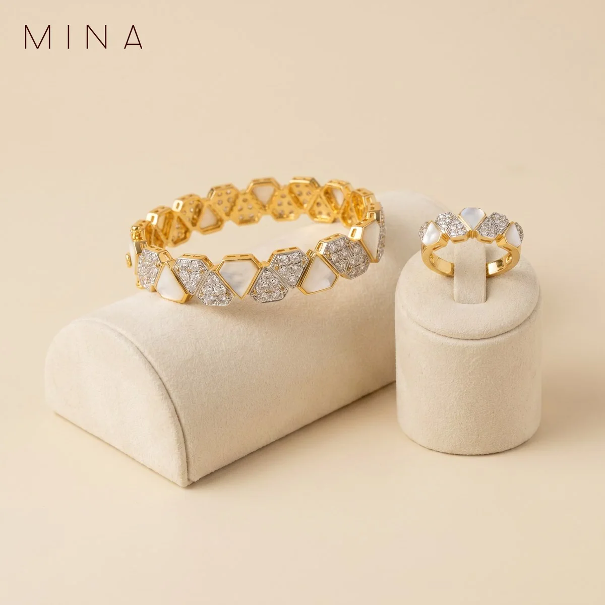 Mother-of-Pearl Hexagon Bangle & Ring, view 1 — House of Mina
