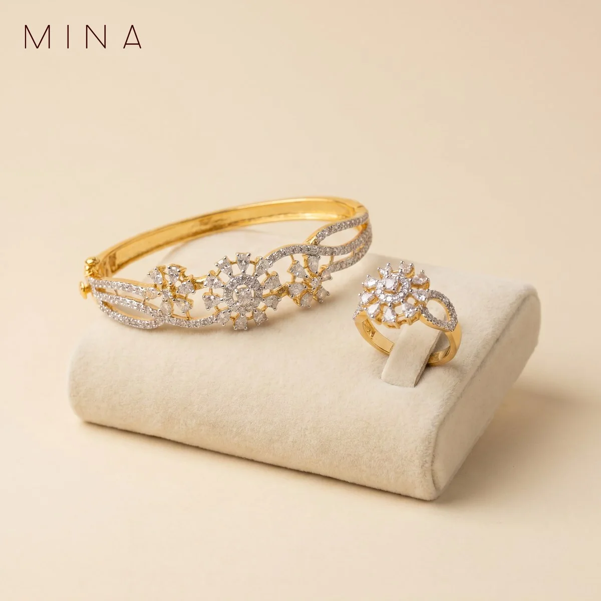 Diamond Flower Bangle & Ring, view 1 — House of Mina