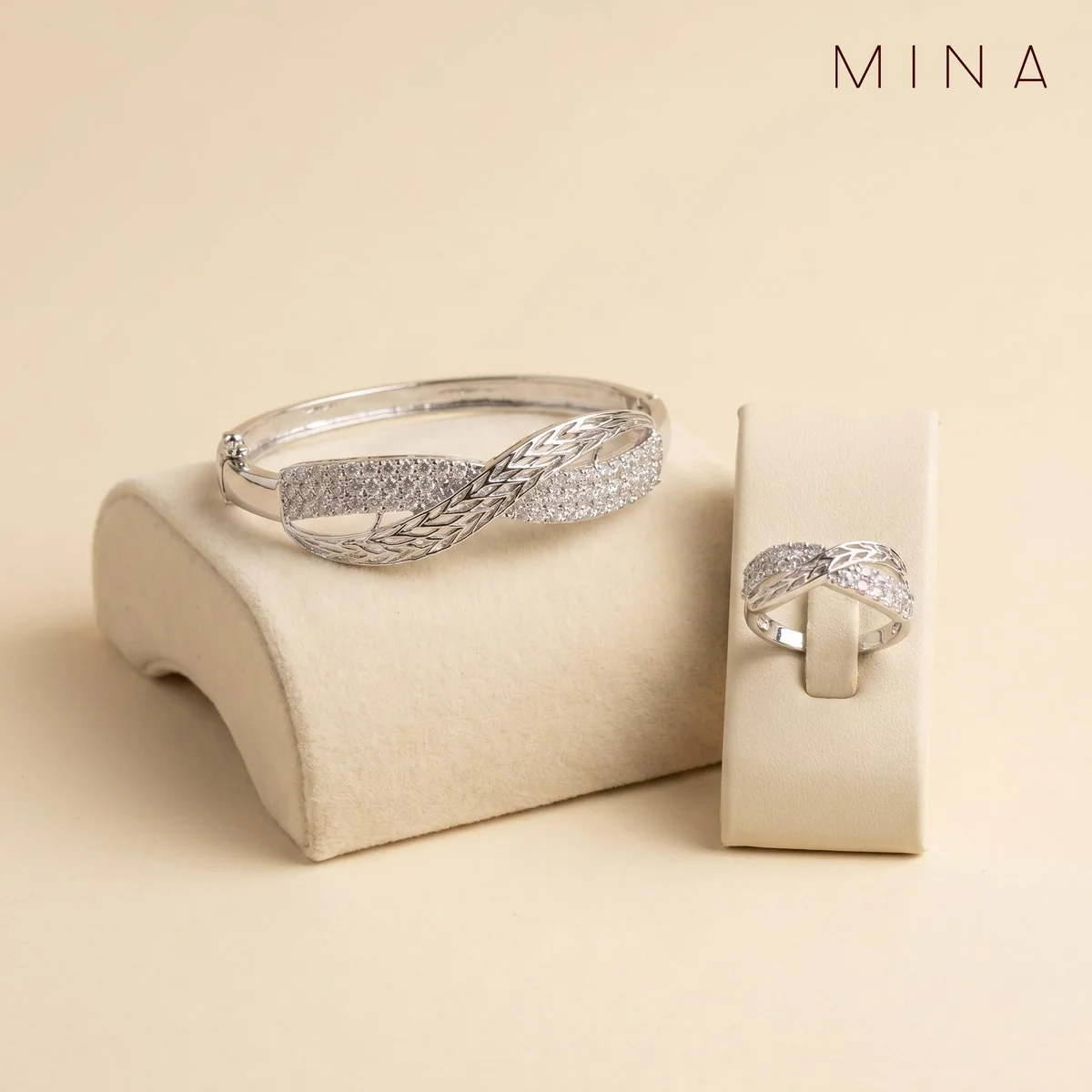Pavé Twist Bangle & Ring, view 1 — House of Mina